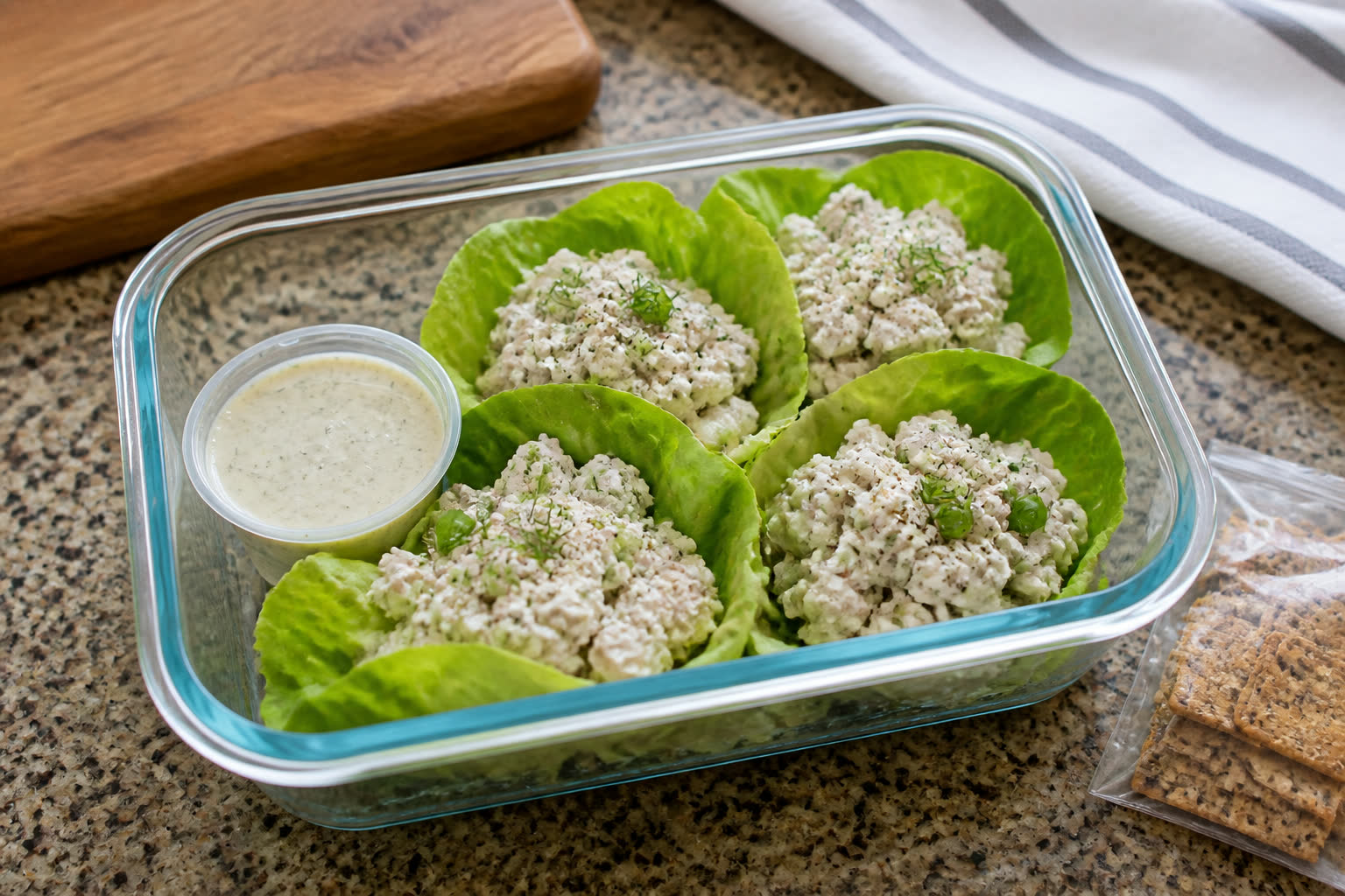 Cottage Cheese Chicken Salad Cups prepared as a workday lunch salad.