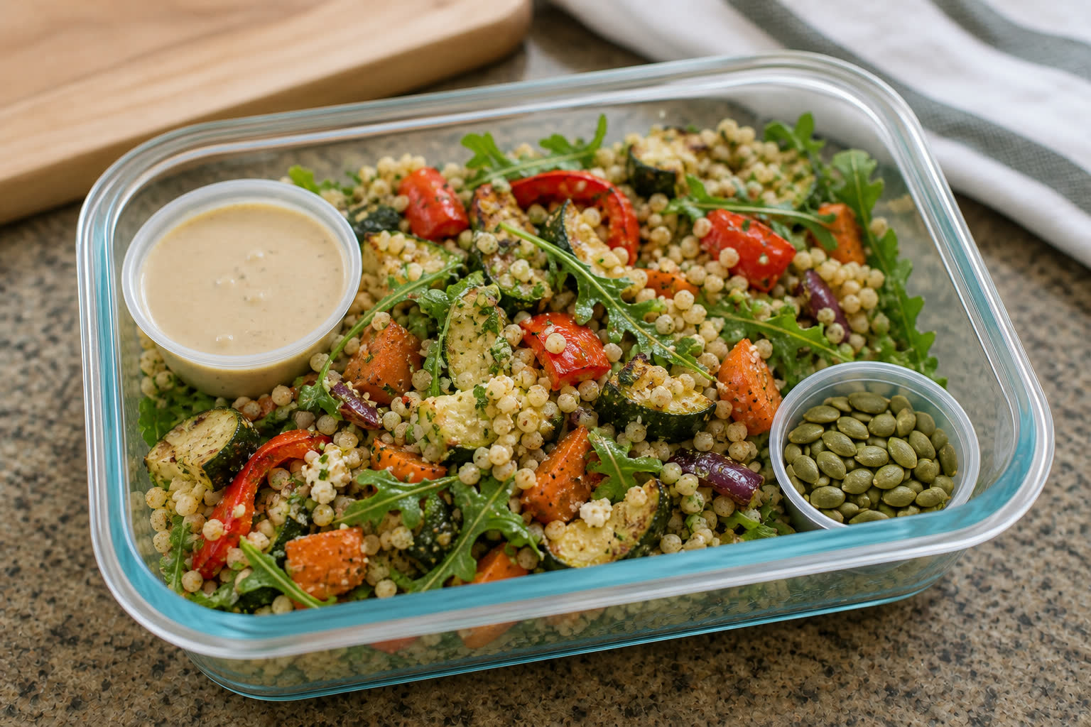 Couscous Salad with Roasted Vegetables prepared as a workday lunch salad.