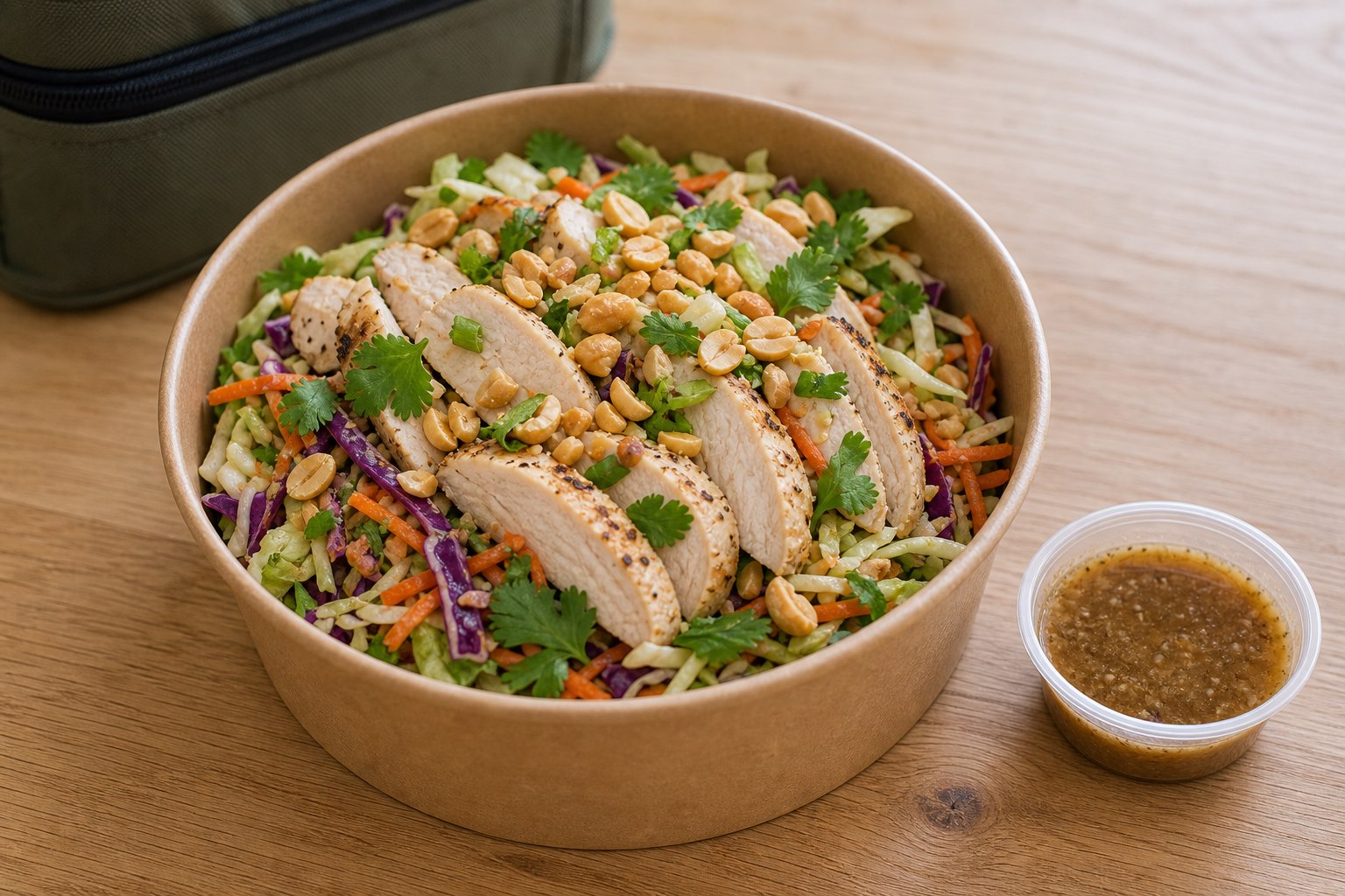 Crunchy Asian-Inspired Chicken Salad for Meal Prep prepared as a workday lunch salad.
