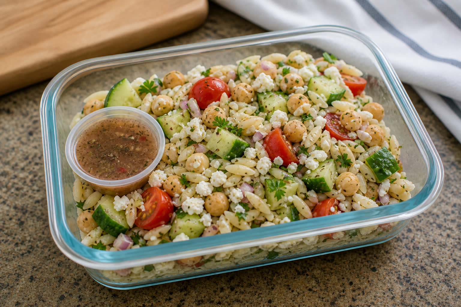 Greek Orzo Salad with Chickpeas prepared as a workday lunch salad.