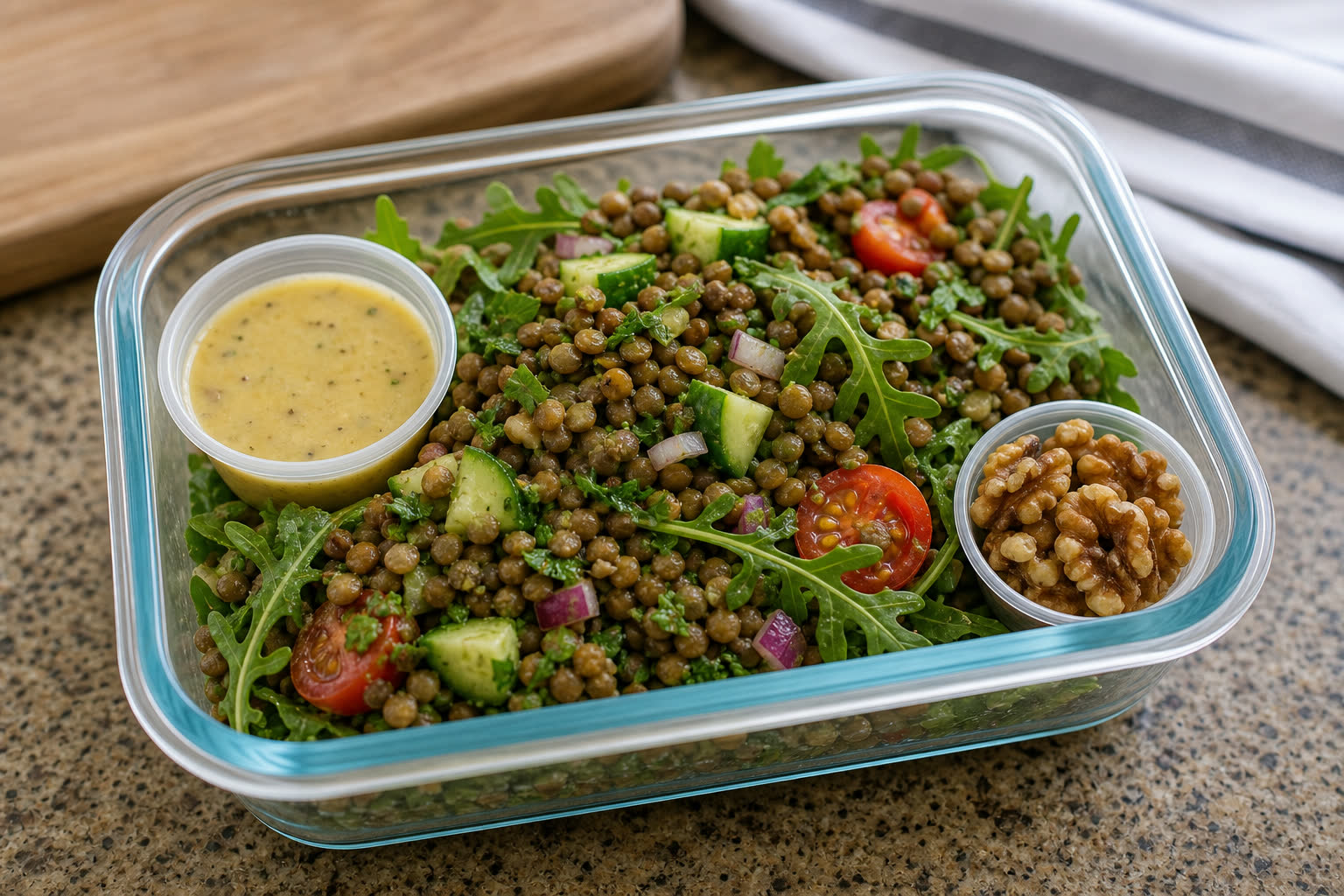 Lentil Salad with Lemon Dijon Dressing prepared as a workday lunch salad.