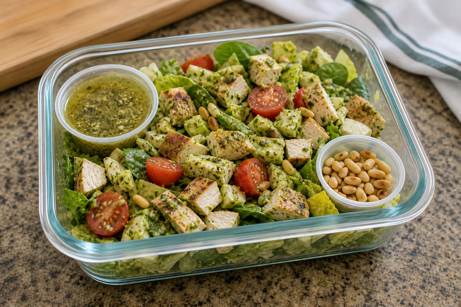 Pesto Chicken Chopped Salad prepared as a workday lunch salad.
