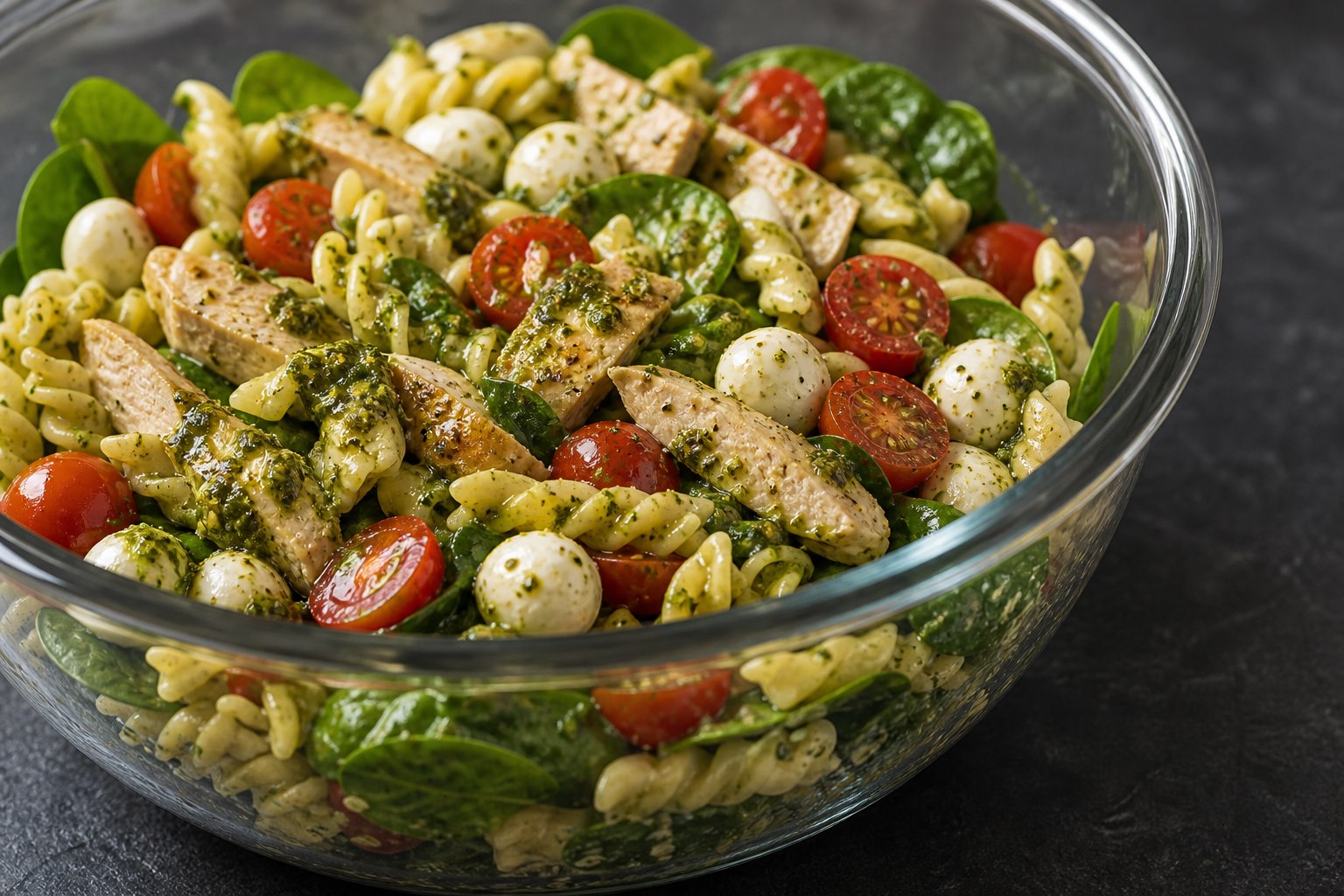 Pesto Chicken Pasta Salad for Meal Prep prepared as a workday lunch salad.