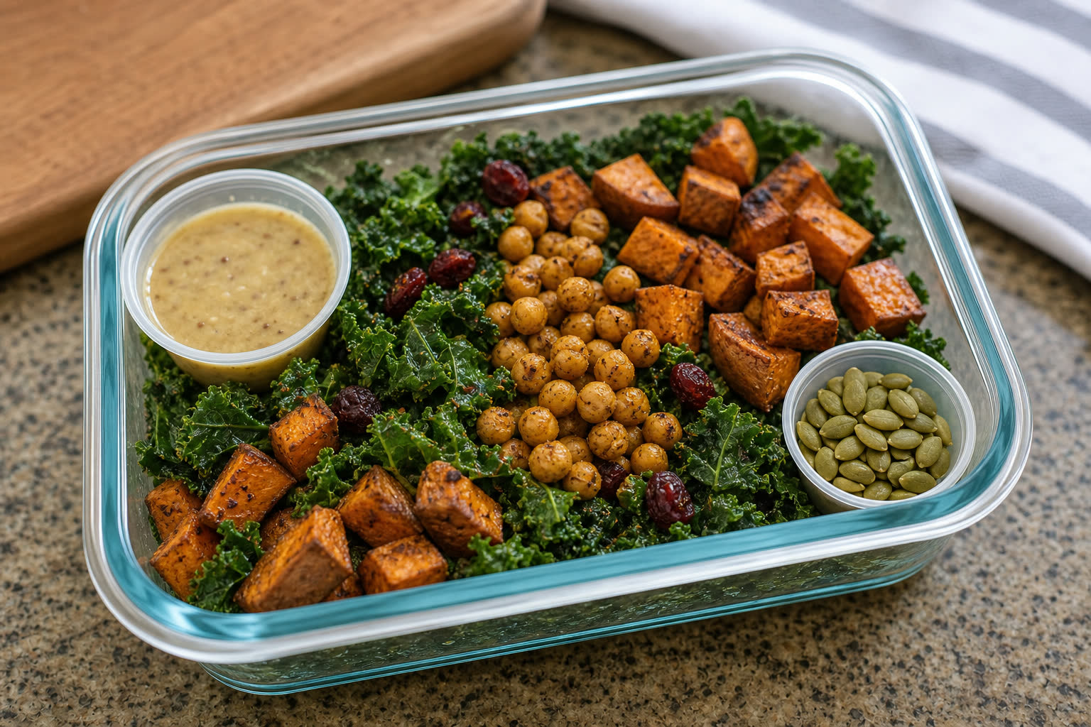 Roasted Sweet Potato Kale Salad prepared as a workday lunch salad.