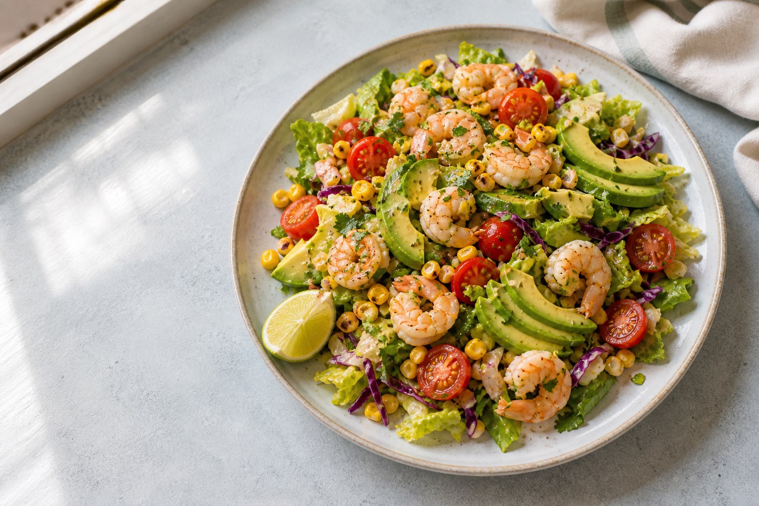 Shrimp Avocado Salad with Corn and Tomato prepared as a workday lunch salad.