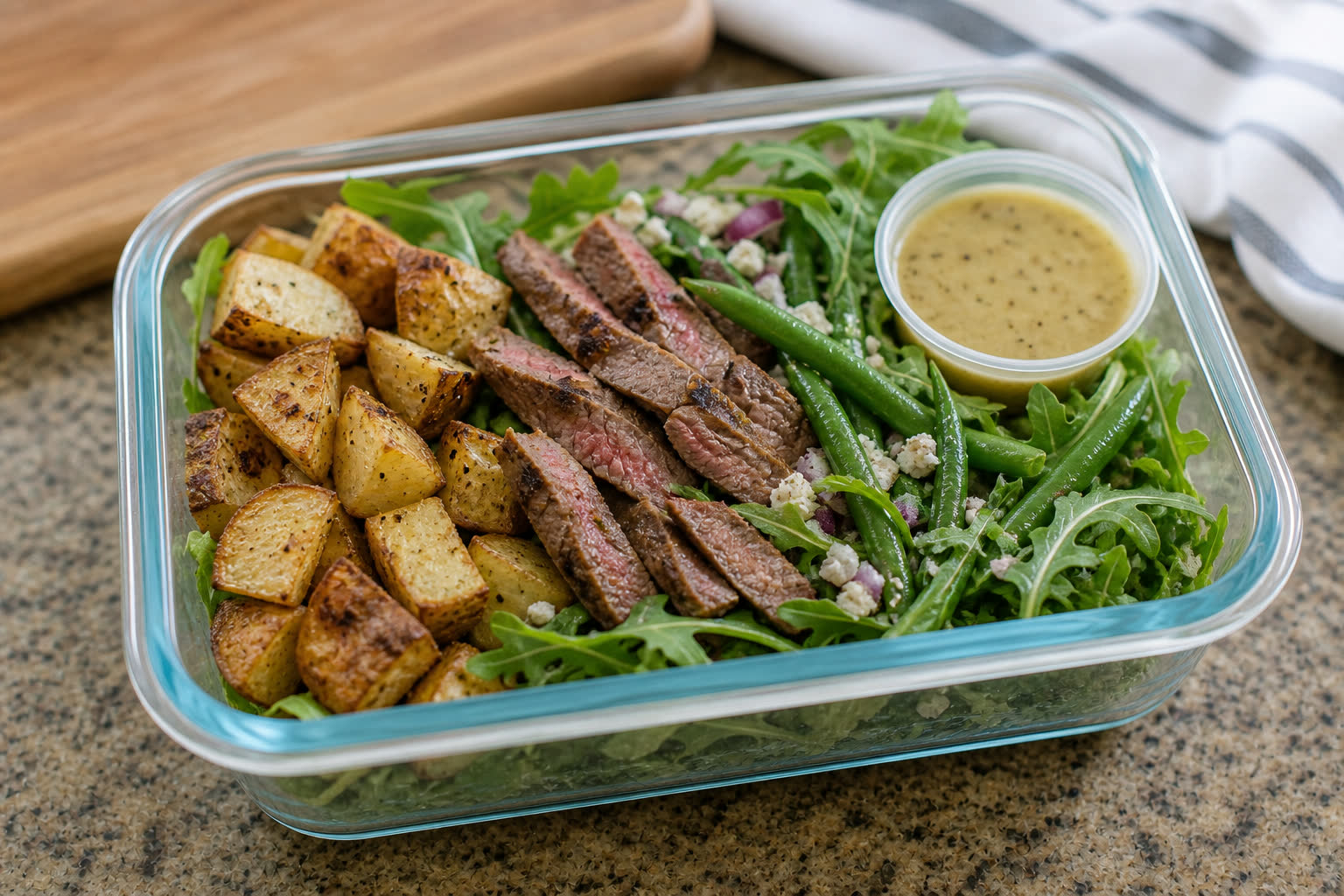 Steak Salad with Crispy Potatoes and Green Beans prepared as a workday lunch salad.