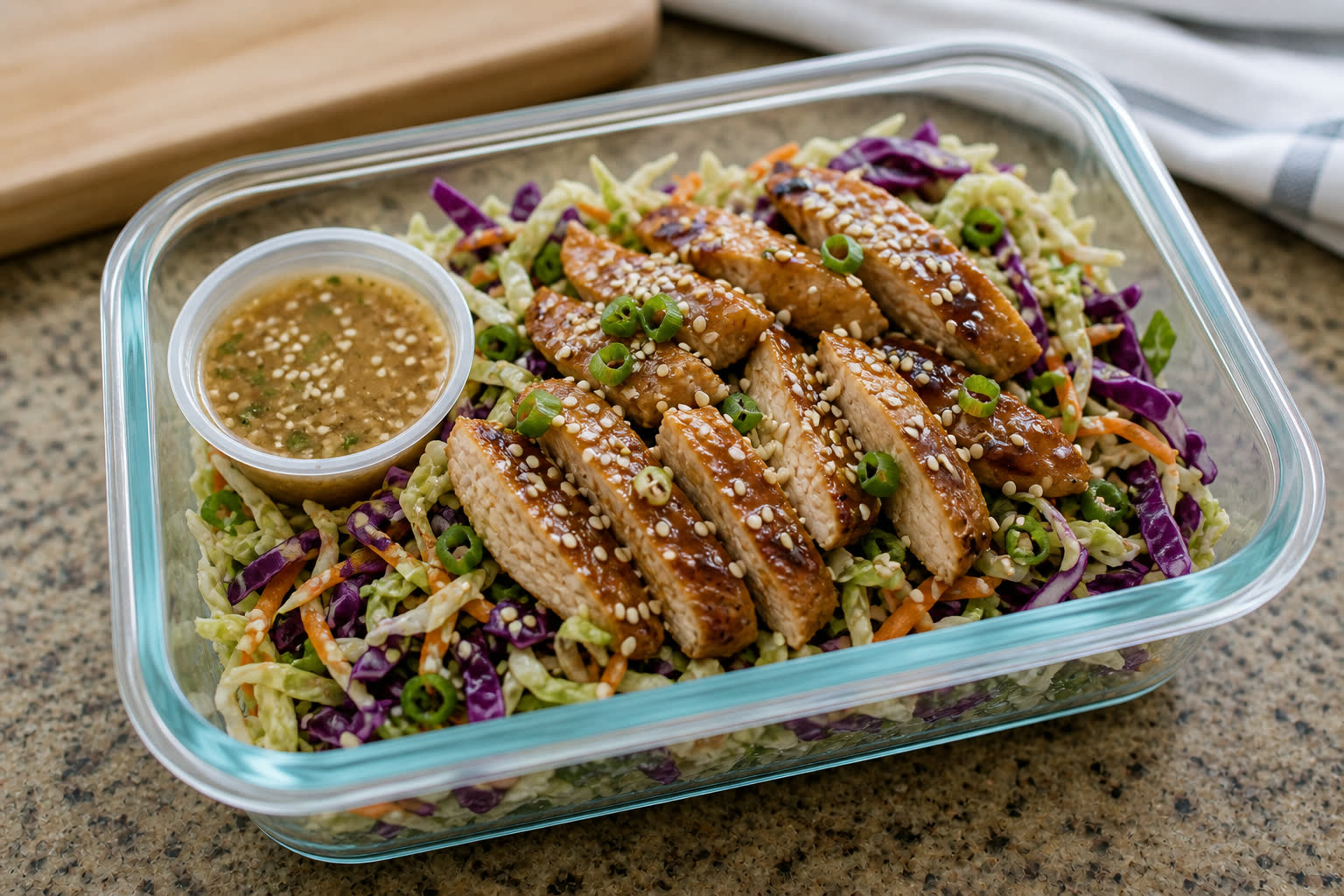 Teriyaki Chicken Cabbage Salad prepared as a workday lunch salad.