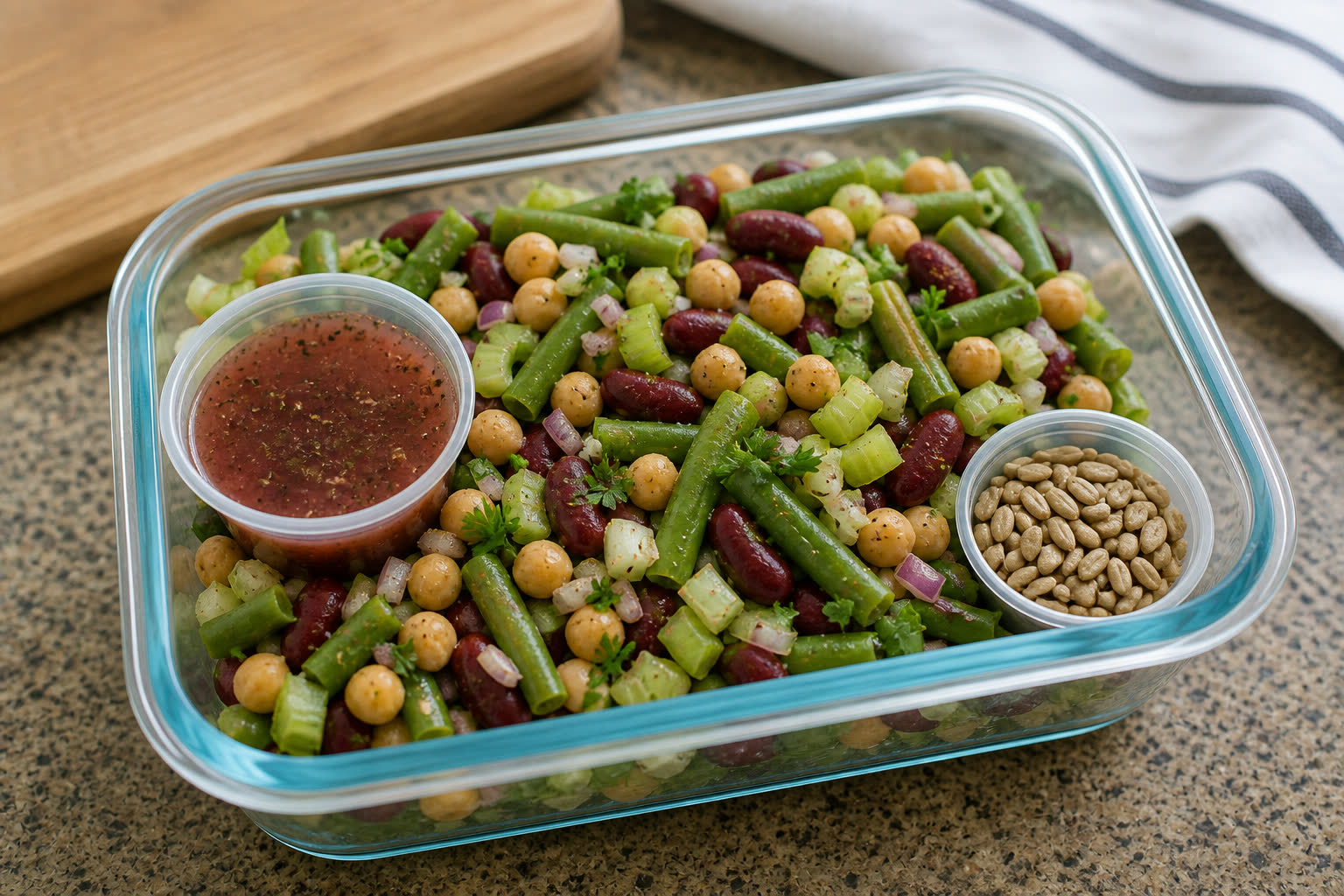 Three-Bean Picnic Salad for Meal Prep prepared as a workday lunch salad.
