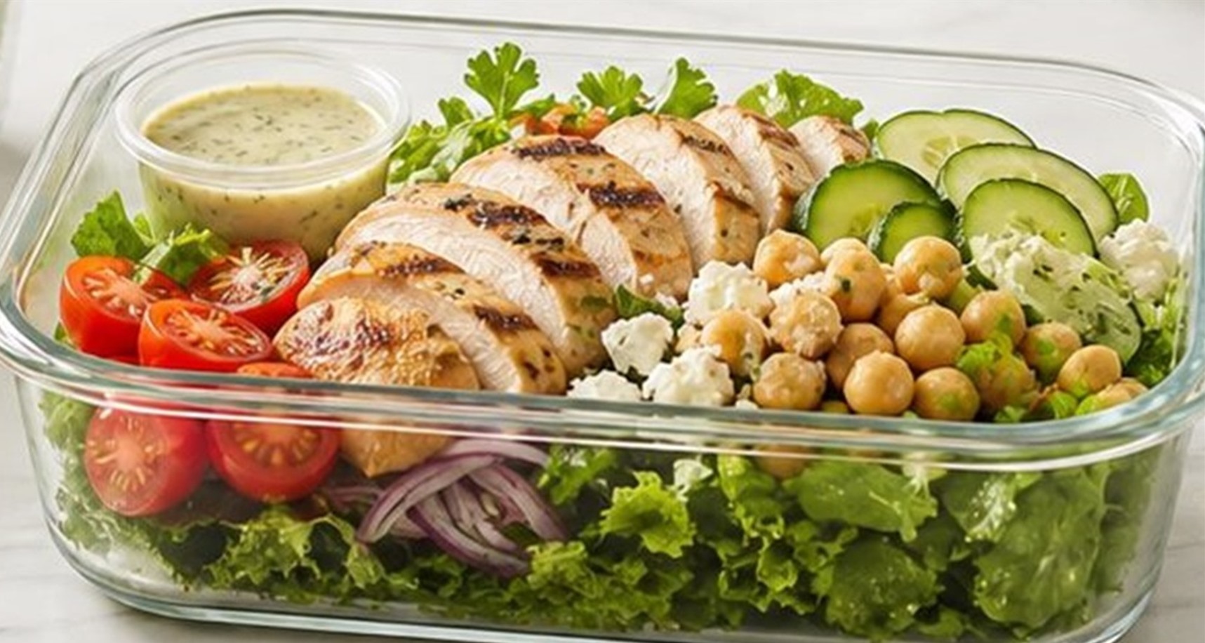 Clear containers filled with make-ahead salad lunches and dressing cups on a kitchen counter.